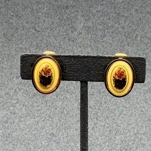 Rose Gold Oval Earrings Clip On Flower Cream